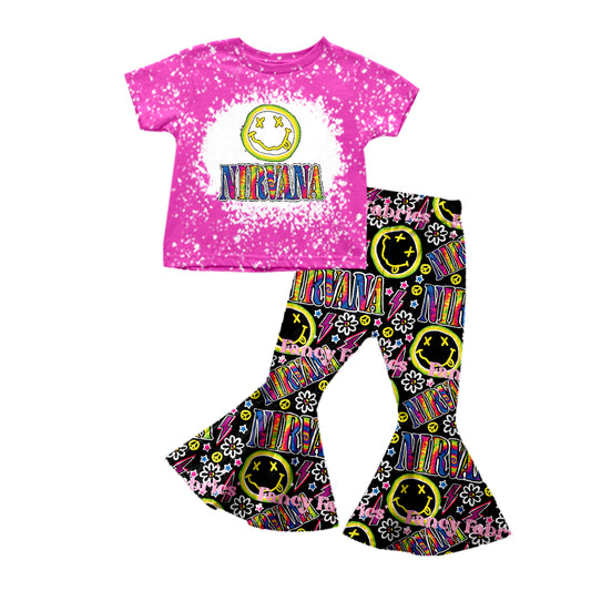 Preorder GSPO1338 Nirvana Smile Hot Pink Short Sleeve Colorful Flowers Black Pants Girls Set