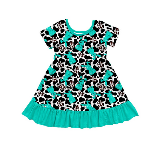 Preorder GSD1513 Easter bunny rabbit cow print blue short sleeve girls dress