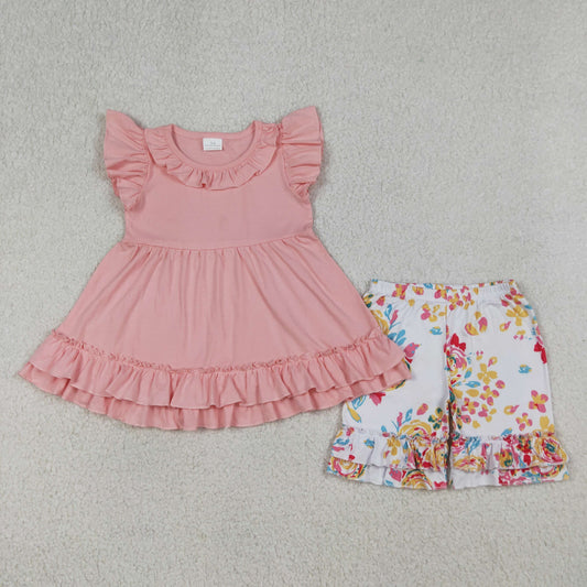 GSSO3743 Pink Flowers Flutter Sleeve Shorts Girls Set