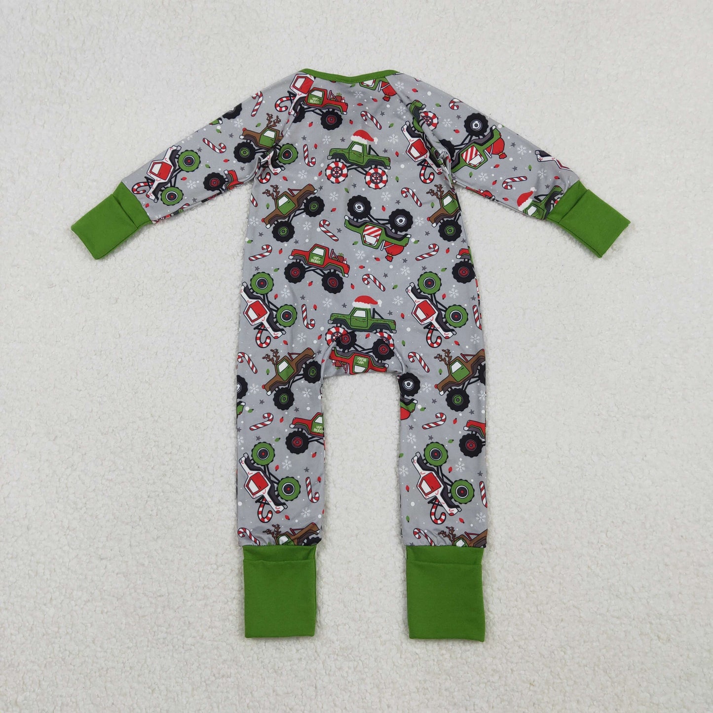 LR2669 Christmas cane candy car green grey zipper long sleeve boys romper