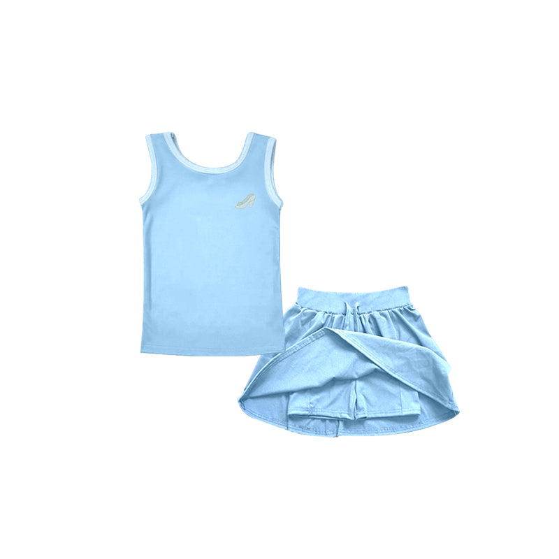 Custom Moq 3 Cartoon Princess Blue Sleeveless Skirt With Shorts Girls Set