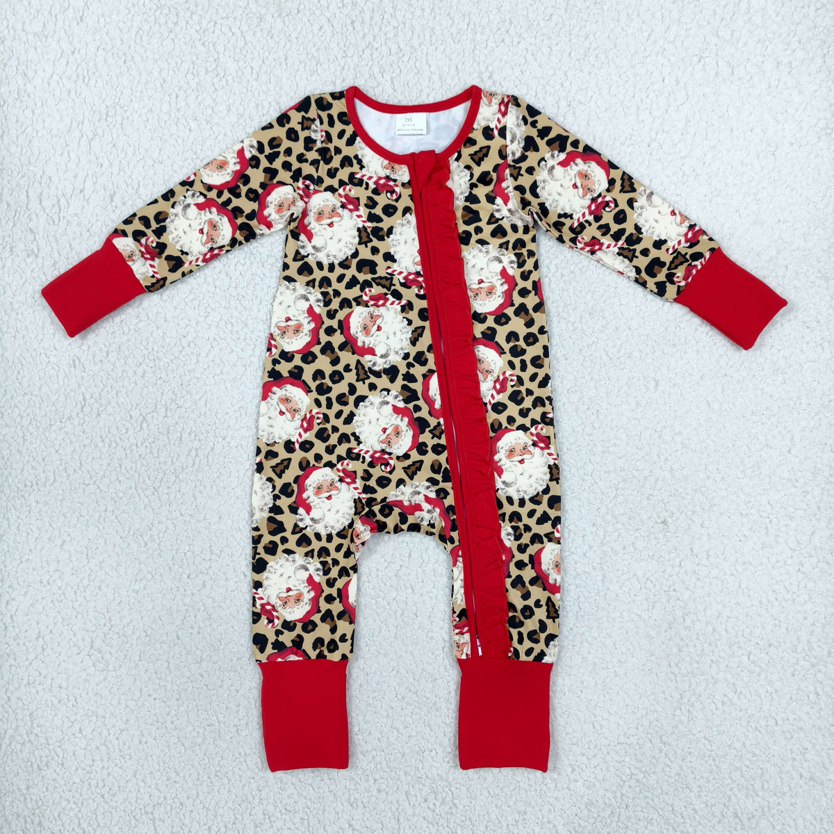 LR3302 Christmas Santa Leopard Zipper Long Sleeve Girls Romper