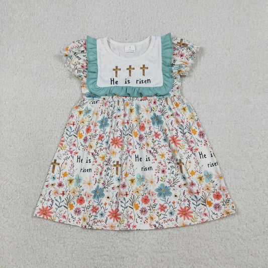 GSD3504 Easter Cross He is Risen Flowers Short Sleeve Girls Dress