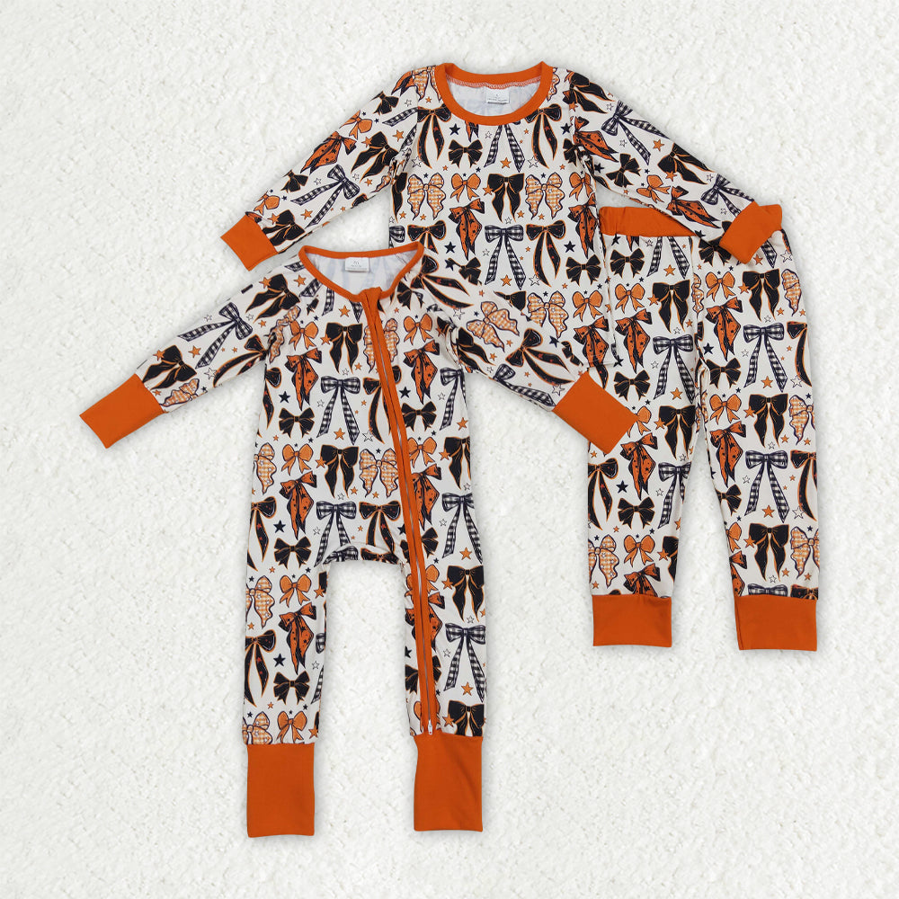 Halloween black orange bows romper/pajamas RTS Sibling Clothes