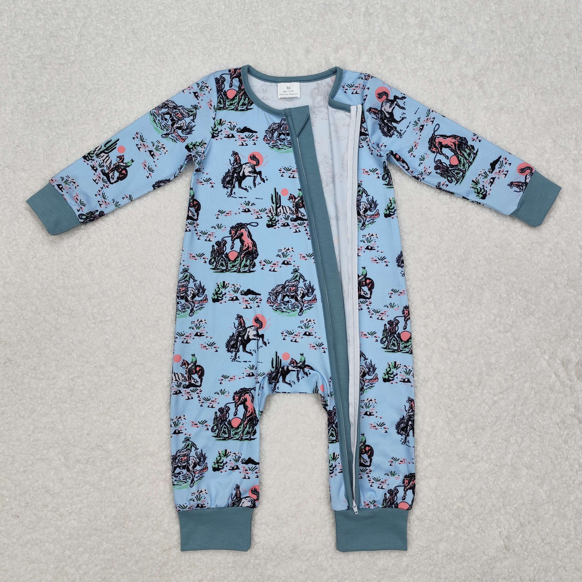 LR1578 Western rodeo blue long sleeve zipper boys romper