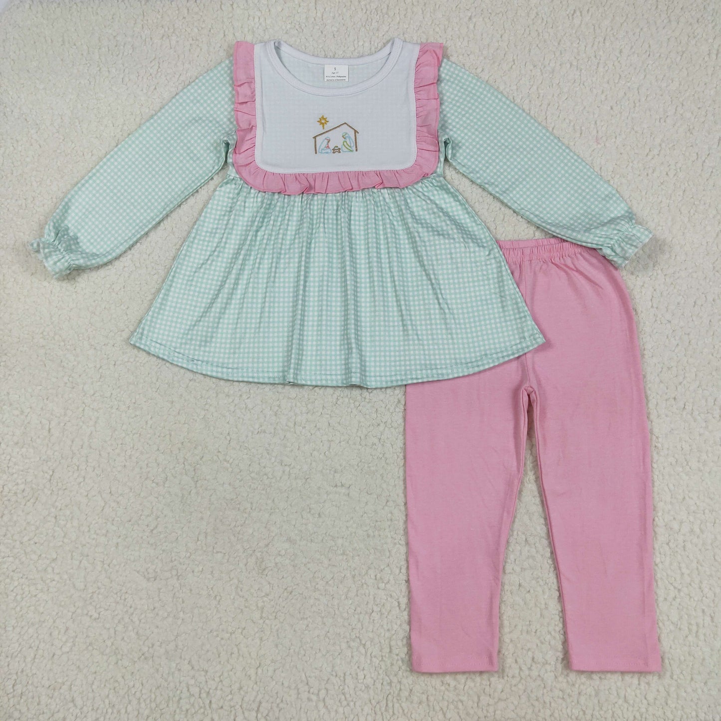 embroidery GLP2410 the nativity green checkered long sleeve pink pants girls set