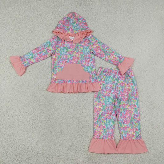 GLP3519 Colorful Print Pocket Hoodie Long Sleeve Pants Girls Set