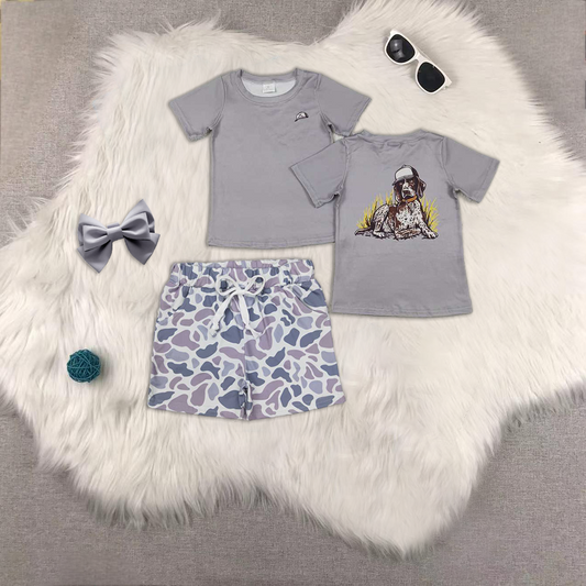 hunting dog grey short sleeve grey camo shorts boys set