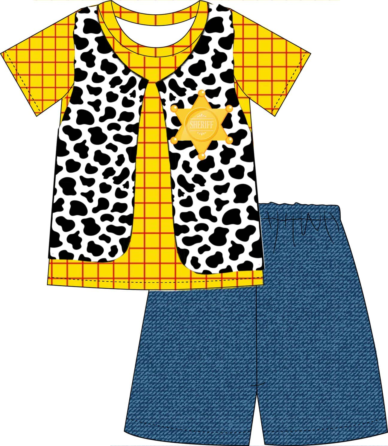 custom style cartoon cute cow print yellow short sleeve blue shorts boys set tat 6-8 weeks