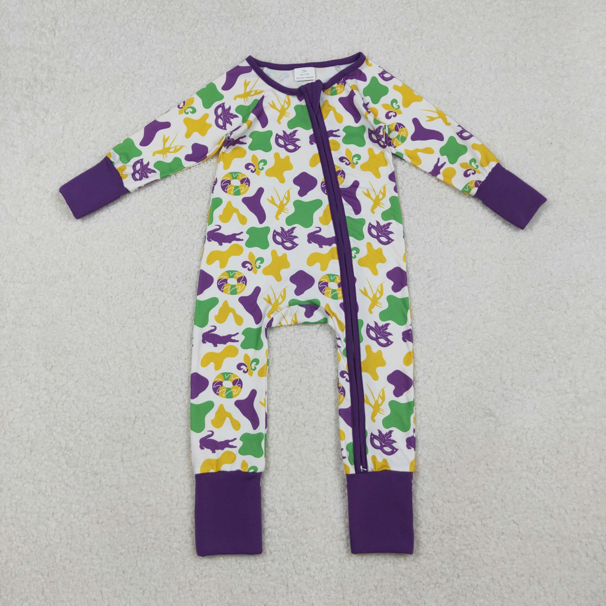 Mardi Gras purple green yellow camo mask romper/set RTS Sibling Clothes