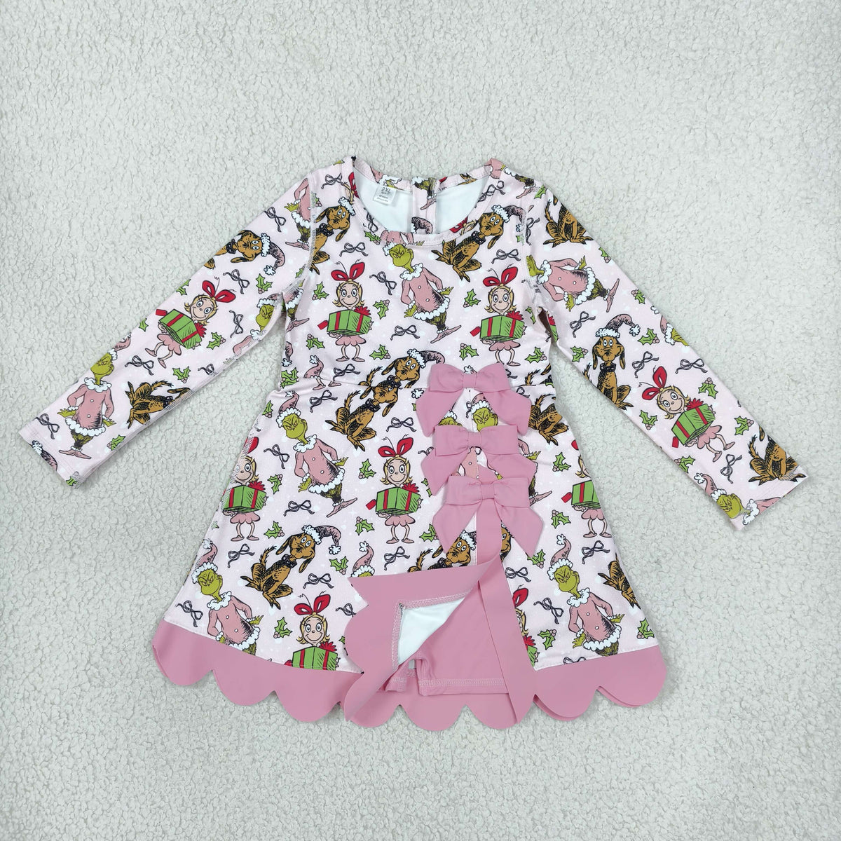 GLD1656 Yoga Christmas Green Face Bows Pink Long Sleeve Girls Dress