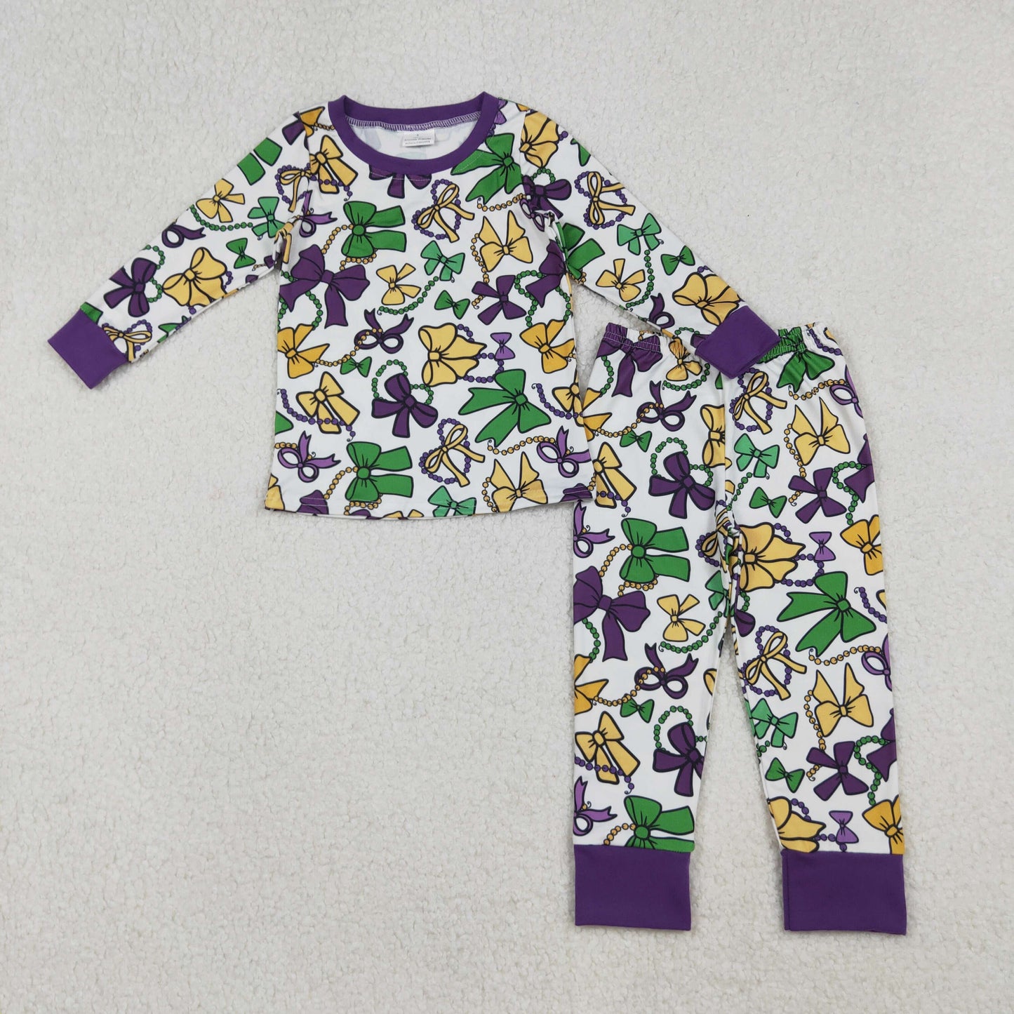 GLP2872 Mardi Gras purple yellow green bows long sleeve pants girls pajamas
