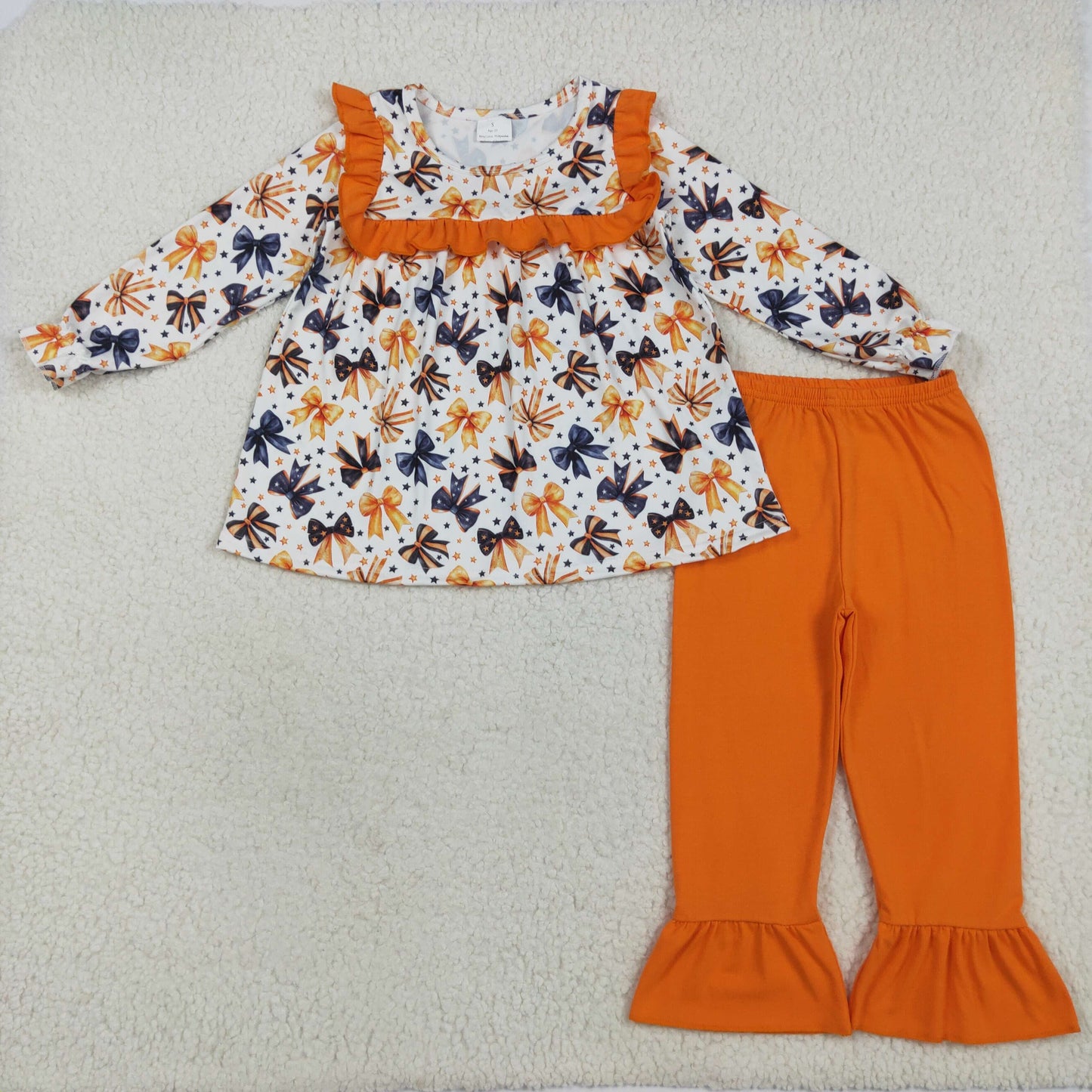GLP2344 Halloween orange black bows ruffles long sleeve orange pants girls set
