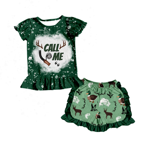 preorder GSSO0394 Hunting call me deer green short sleeve green ruffles mallard shorts girls set