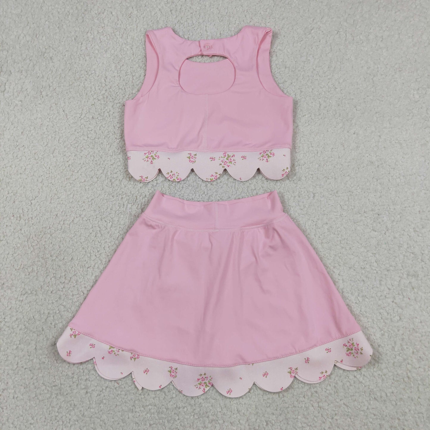 GSD3321 Yoga Scallop Solid Color Pink Sleeveless Bows Skorts Girls Set