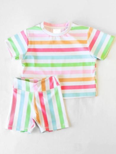 preorder rainbow striped short sleeve shorts girls set