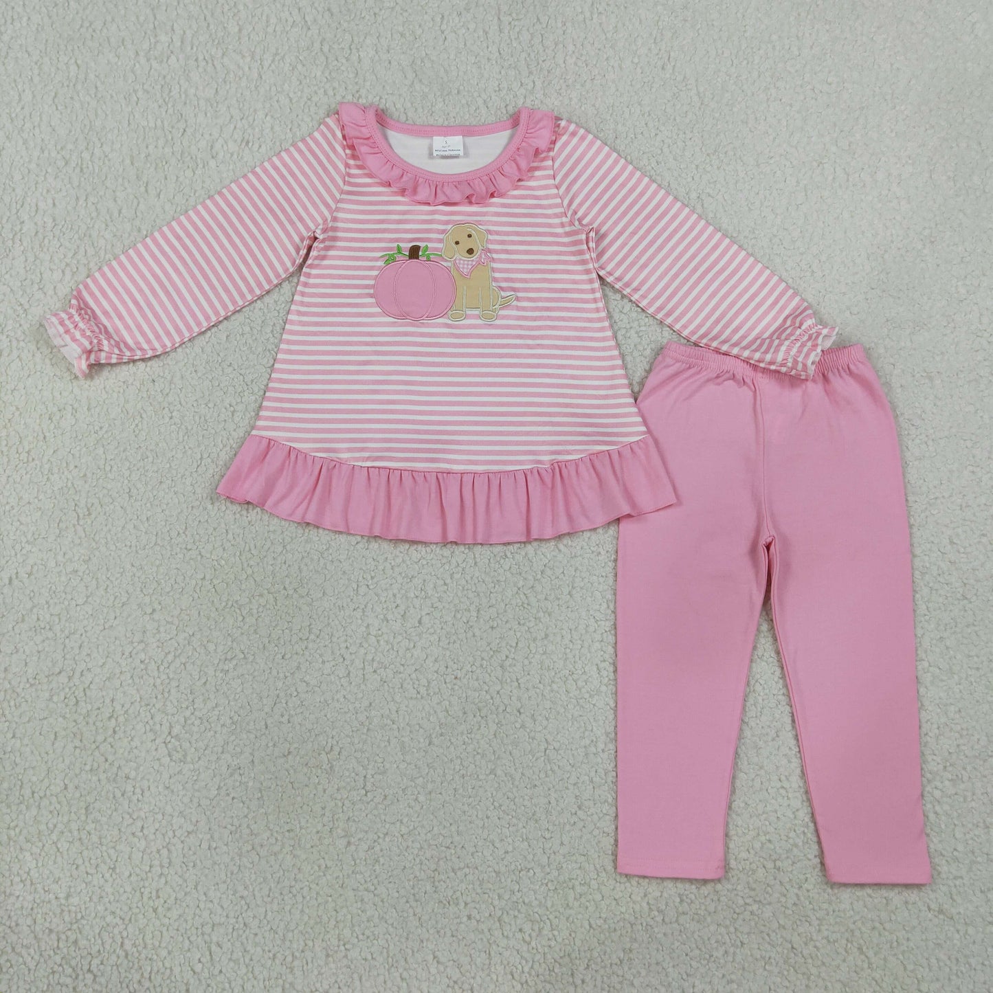 Embroidery GLP3480 Pumpkin Dog Pink Striped Long Sleeve Pants Girls Set