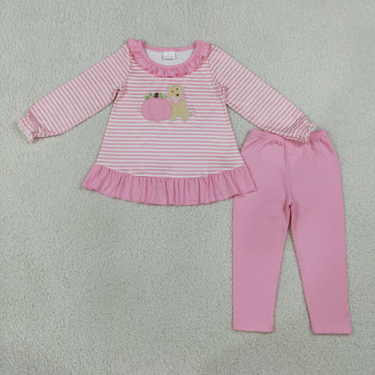 Embroidery GLP3480 Pumpkin Dog Pink Striped Long Sleeve Pants Girls Set