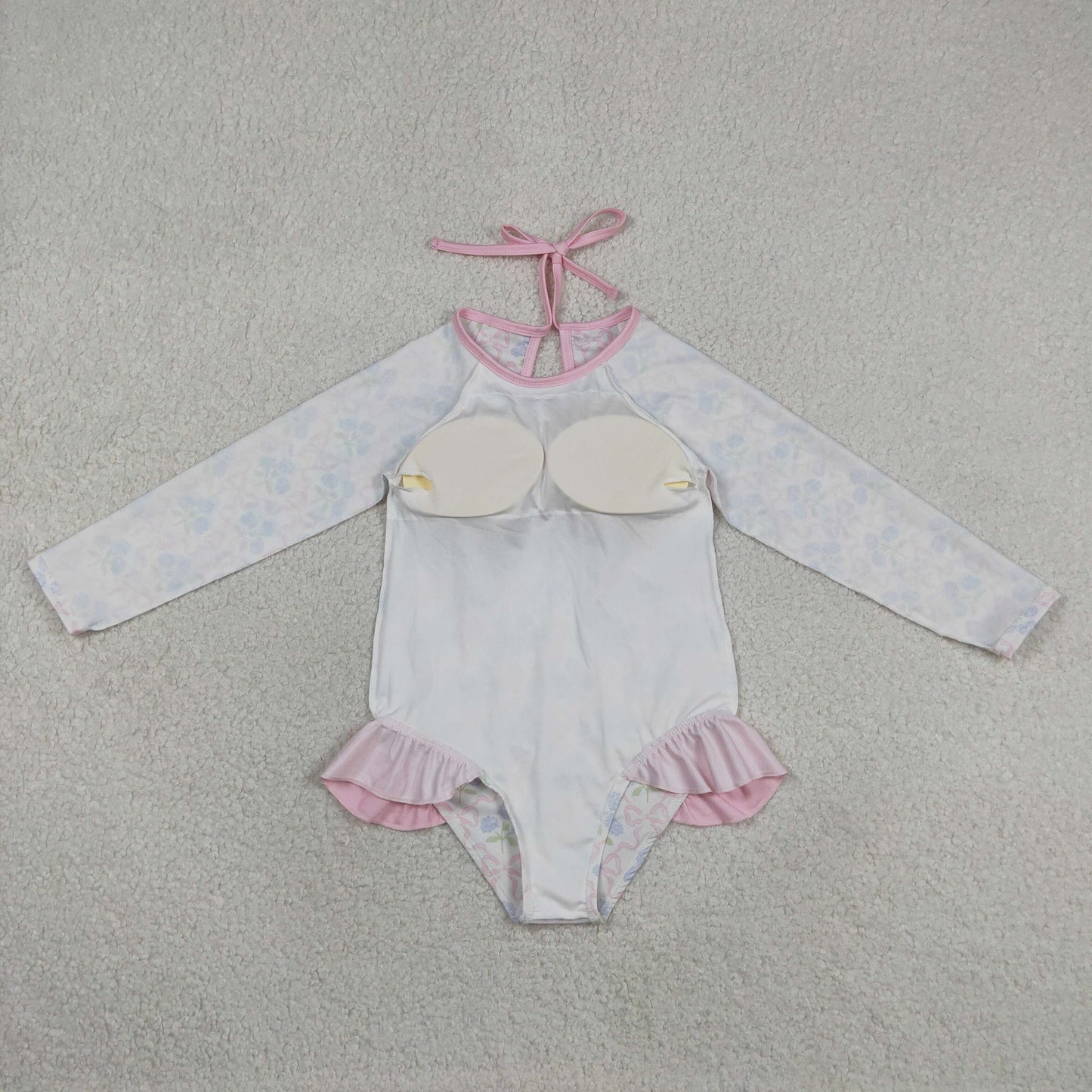 S0655 Flowers Bows Pink Long Sleeve Girls Swimsuits