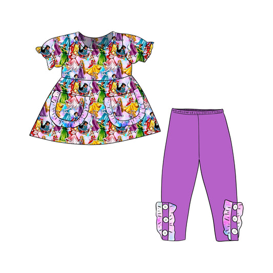 custom cartoon princess pockets short sleeve purple pants girls set