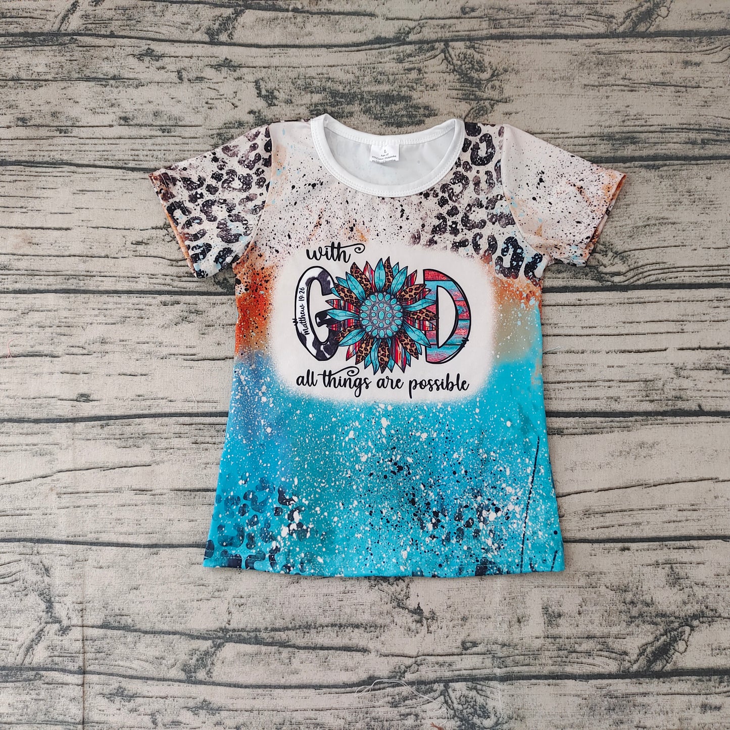 GT0195 GOD Flowers Blue Leopard Short Sleeves Girls Top