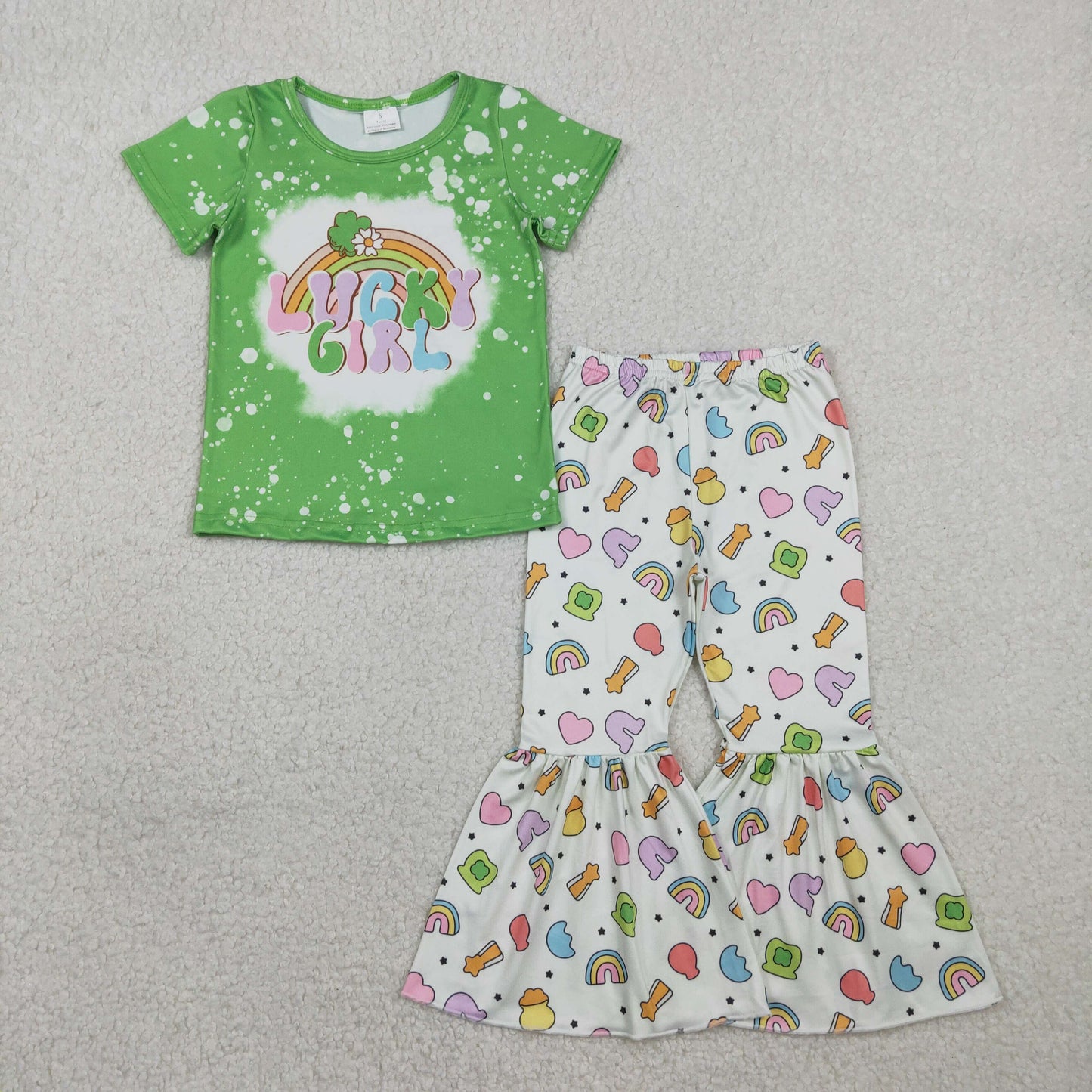 GSPO2101 lucky girl St Patrick green short sleeve rainbow heart pants girls set