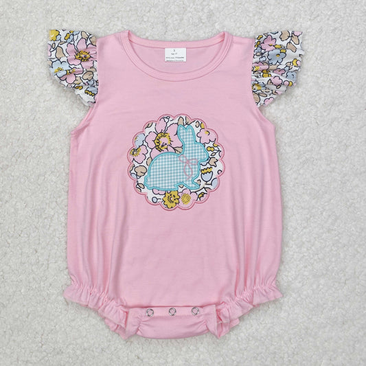 embroidery SR2054 Easter cute bunny rabbit flowers pink flutter sleeve girls romper
