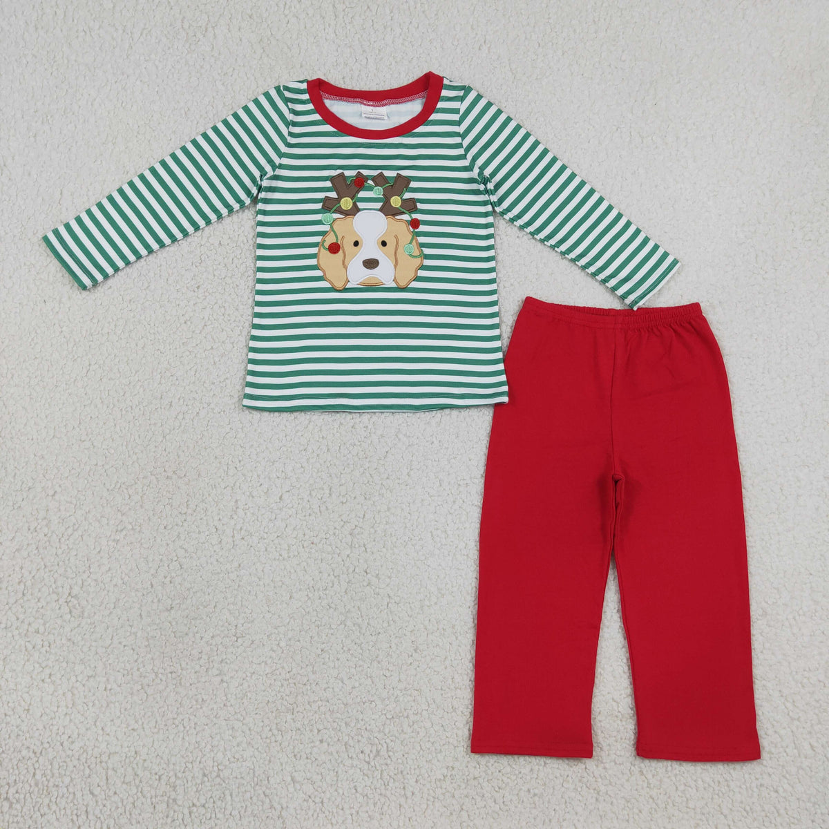 Embroidery BLP1502 Christmas Dog Green Striped Long Sleeve Red Pants Boys Set