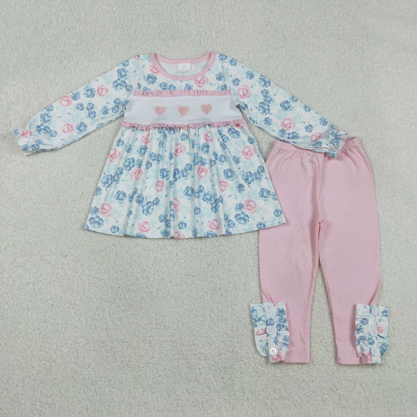 Embroidery GLP2975 Valentine's Day pink heart flowers long sleeve pink pants girls set