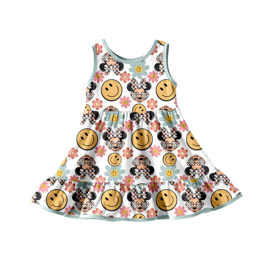 custom Moq 3 Cartoon Smile Flowers Blue Sleeveless Girls Dress