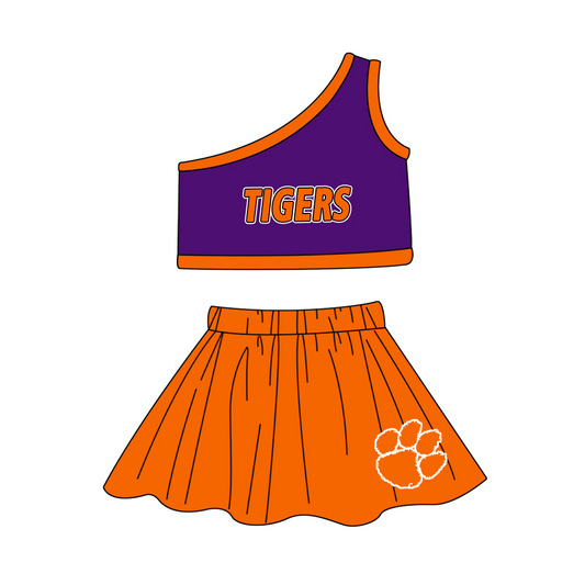 custom  tigers purple sleeveless orange skirt girls set