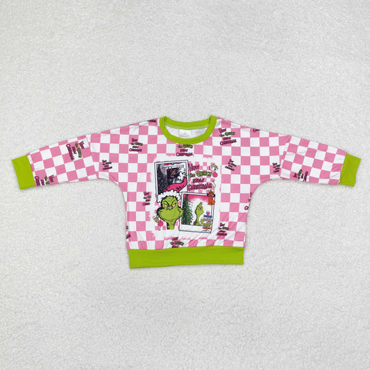GT0733 Christmas green face hot pink checkered long sleeve girls top