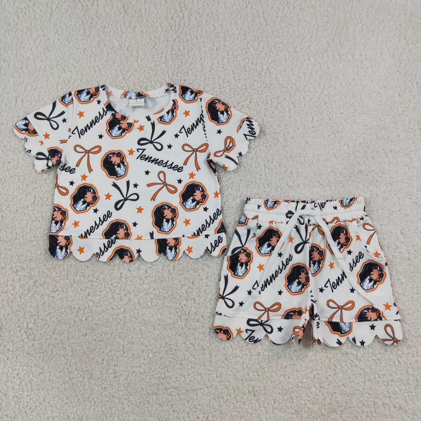 GSSO3251 Football Item Bows Short Sleeve Shorts Girls Set