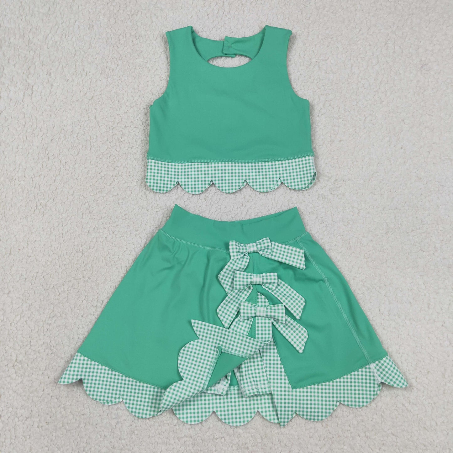 GSD3320 Yoga Scallop Solid Color Pink Sleeveless Bows Skorts Girls Set