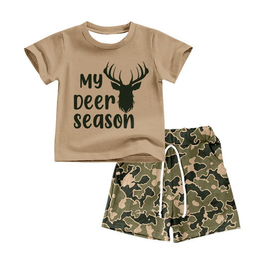 custom My Deer Season brown short sleeve camo shorts boys set