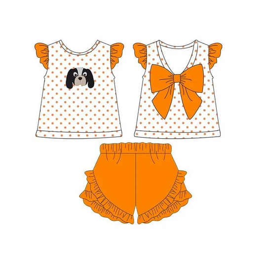 custom S dog football orange dot flutter sleeve orange ruffles shorts girls set