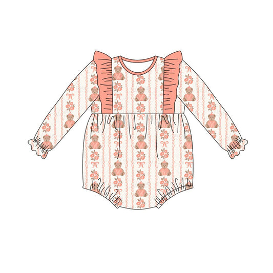 preorder LR3097 Pumpkin Bear Flowers Long Sleeve Girls Romper