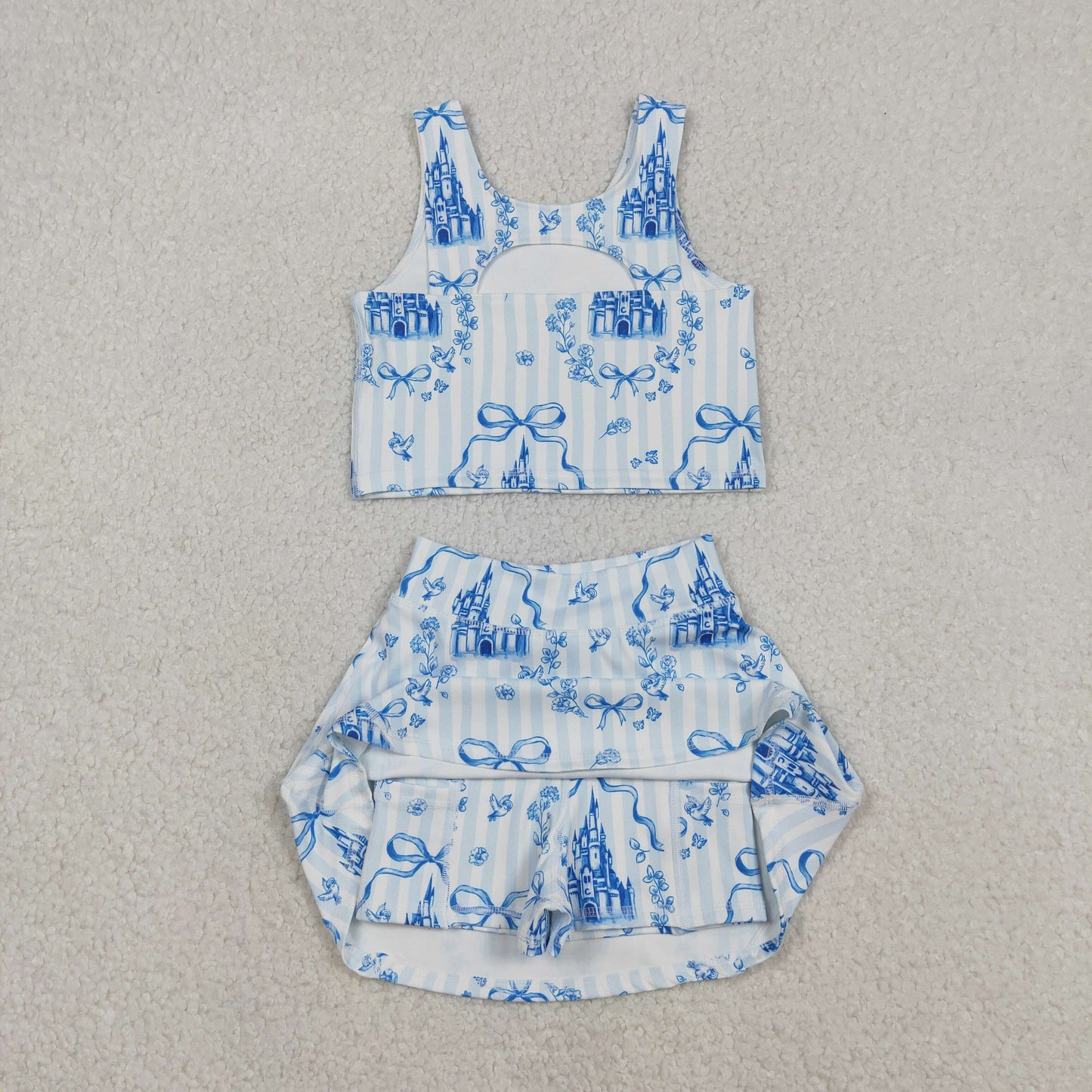 GSD3067 Yoga Blue Castles Bows Sleeveless Skorts Girls Set