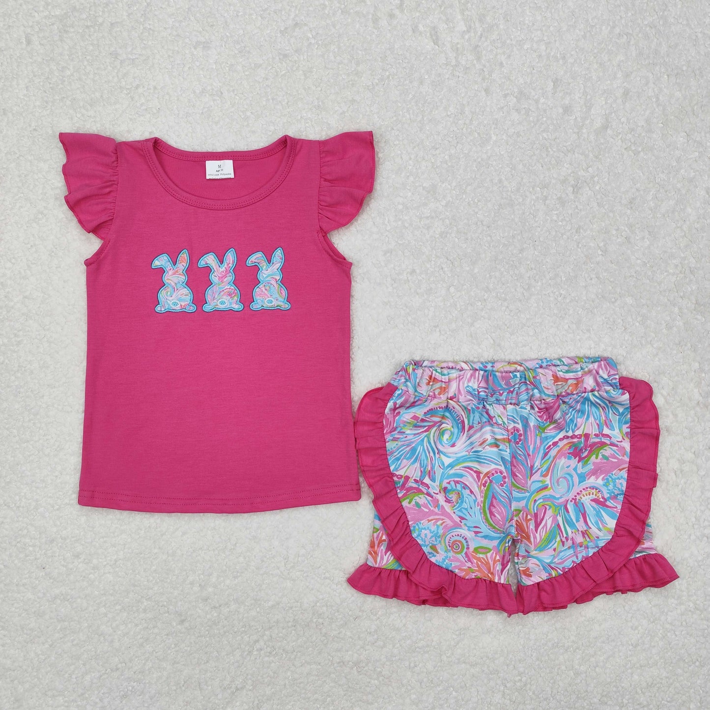 GSSO1466 Easter cute bunny rabbit hot pink flutter sleeve colorful print shorts girls set