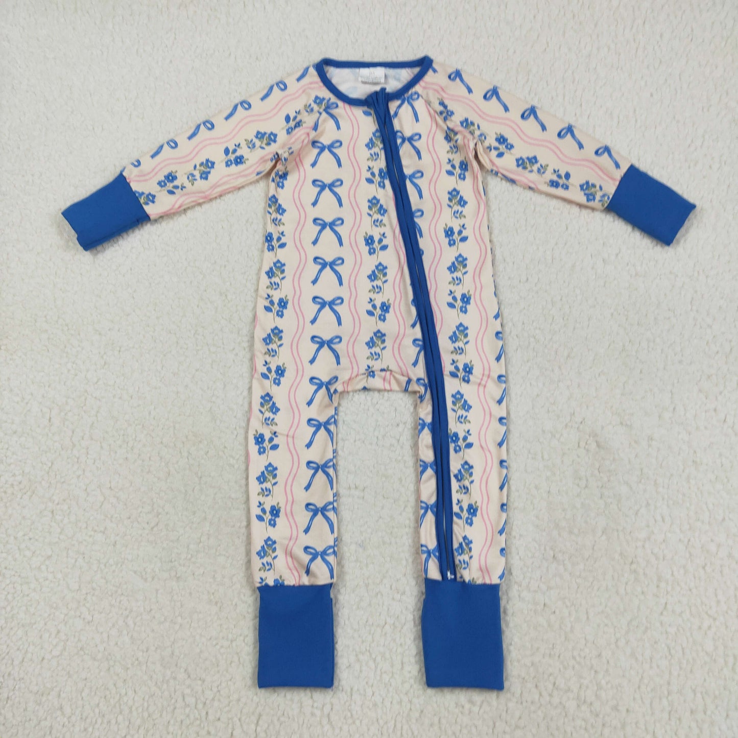 Custom moq 20 bamboo blue flowers bows long sleeve zipper girls romper