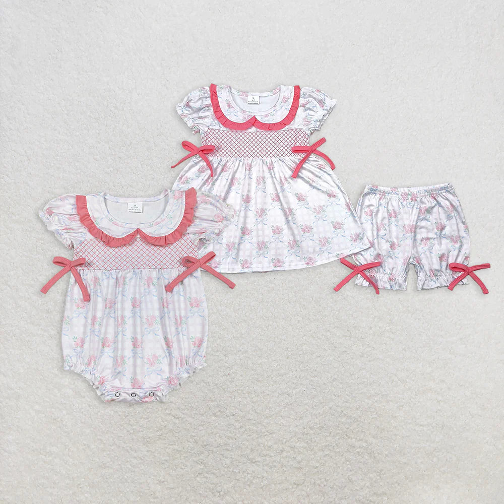 embroidery pink flowers Summer Sibling Clothes RTS