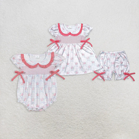 embroidery pink flowers Summer Sibling Clothes RTS