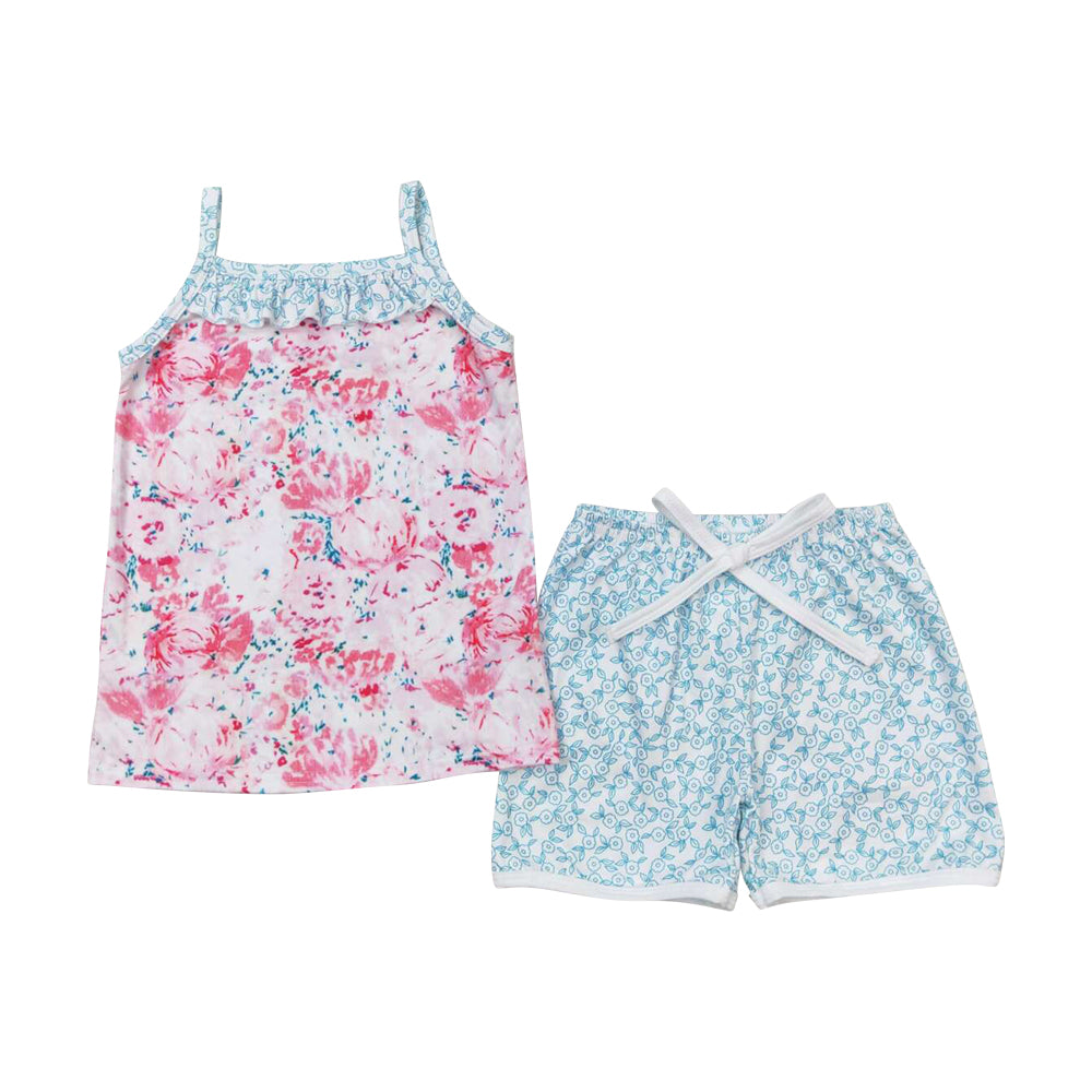 GSSO0869 colorful flowers camisole blue shorts girls set
