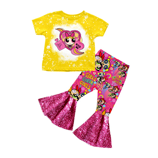 custom S 8.19 Cartoon little girls yellow short sleeve pink pants girls set