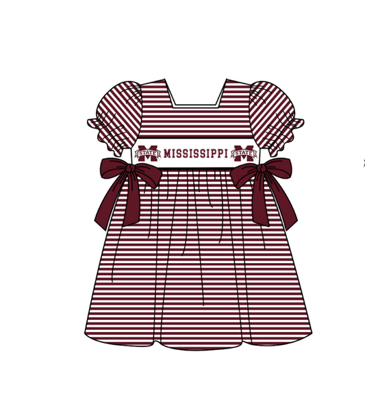 Custom Moq 3 Football Item Mississippi Maroon Bows Short Sleeve Girls Dress