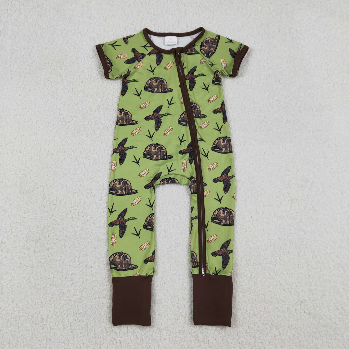 SR3499 Hunting Mallard Duck Camo Hat Green Zipper Short Sleeve Boys Romper