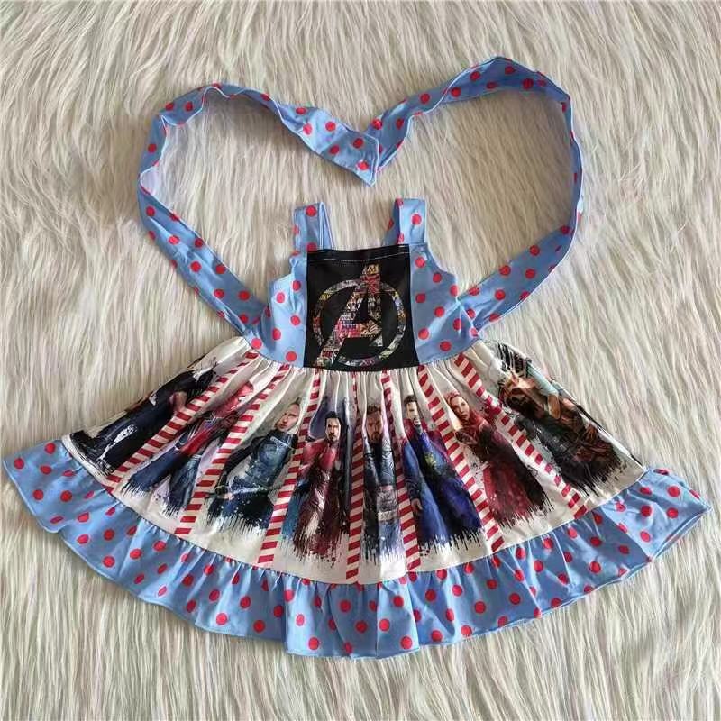 A1-10 $2.99 Blue Dots Cartoon Baby Girls Hero Cool Twirl Dress