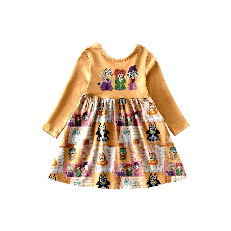 custom Halloween cartoon orange long sleeve girls dress