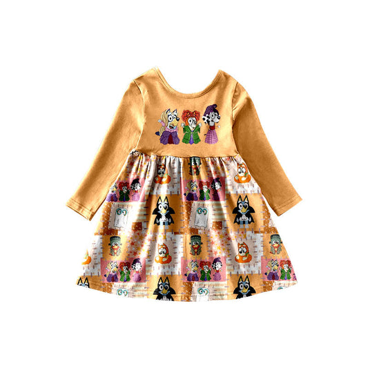 custom Halloween cartoon orange long sleeve girls dress