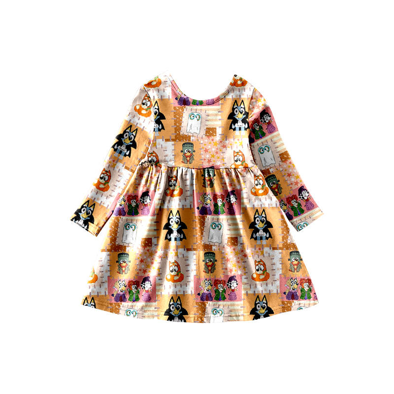 custom Halloween cartoon orange long sleeve girls dress 2